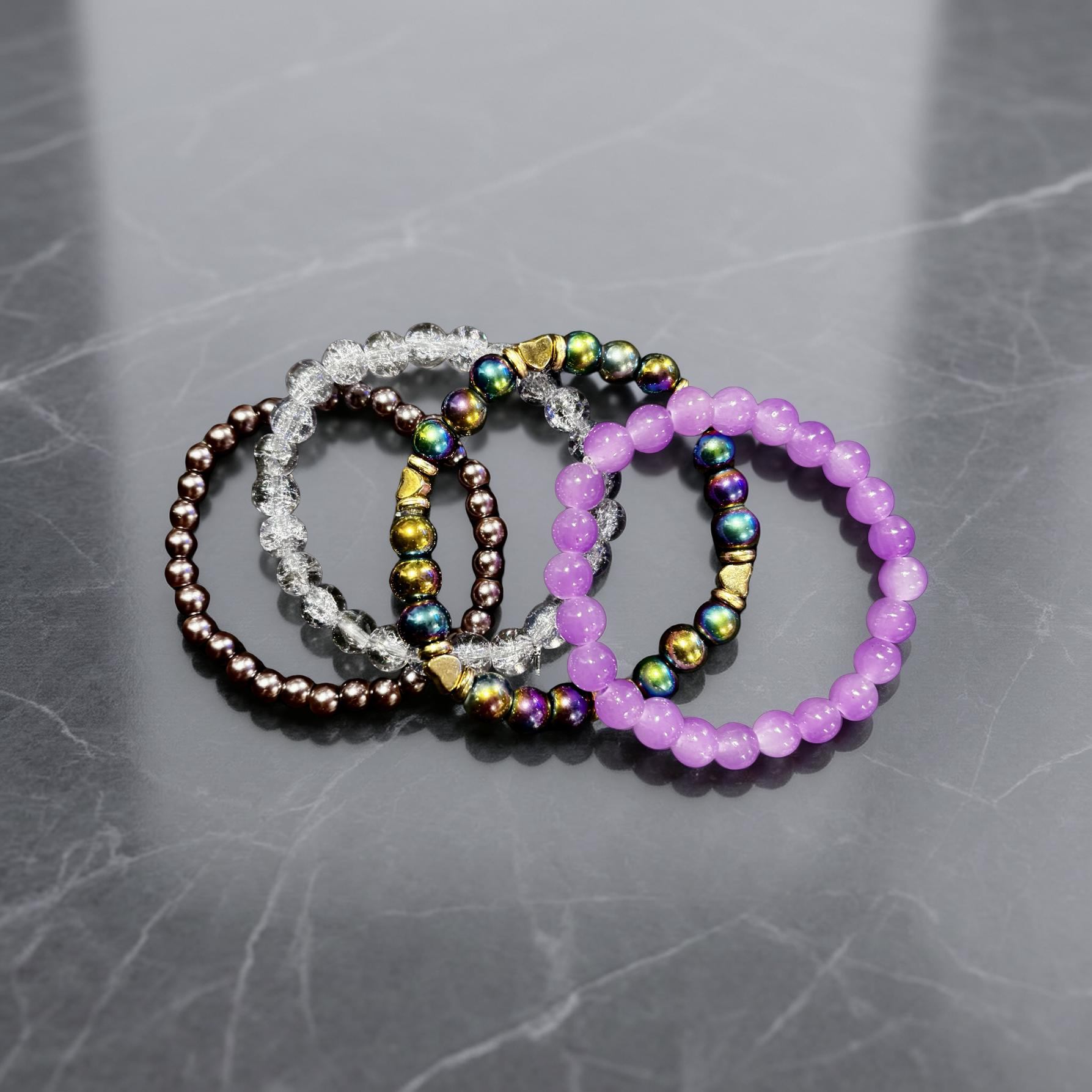 Purple & Iridescent Beaded Bracelet Stack