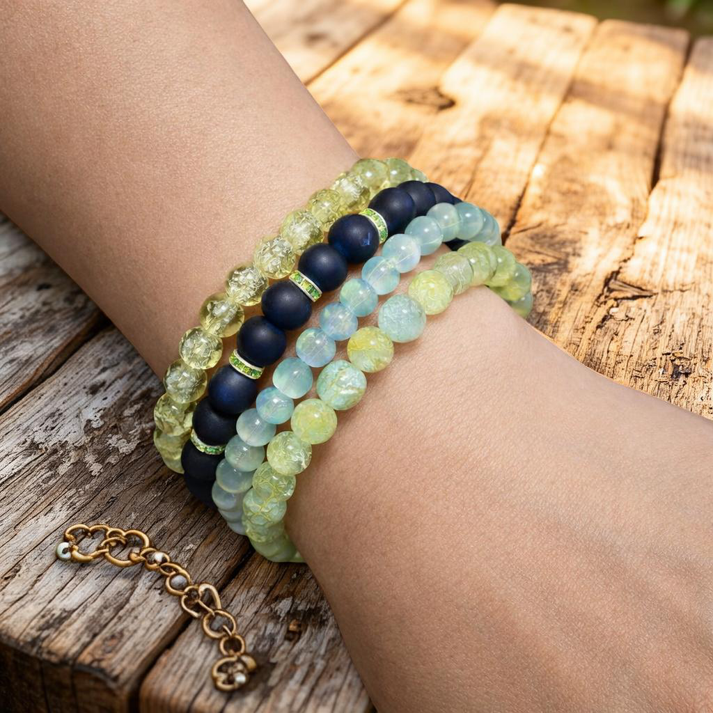 Elegant Beaded Bracelet Stack – Blue, Aqua & Green Tones