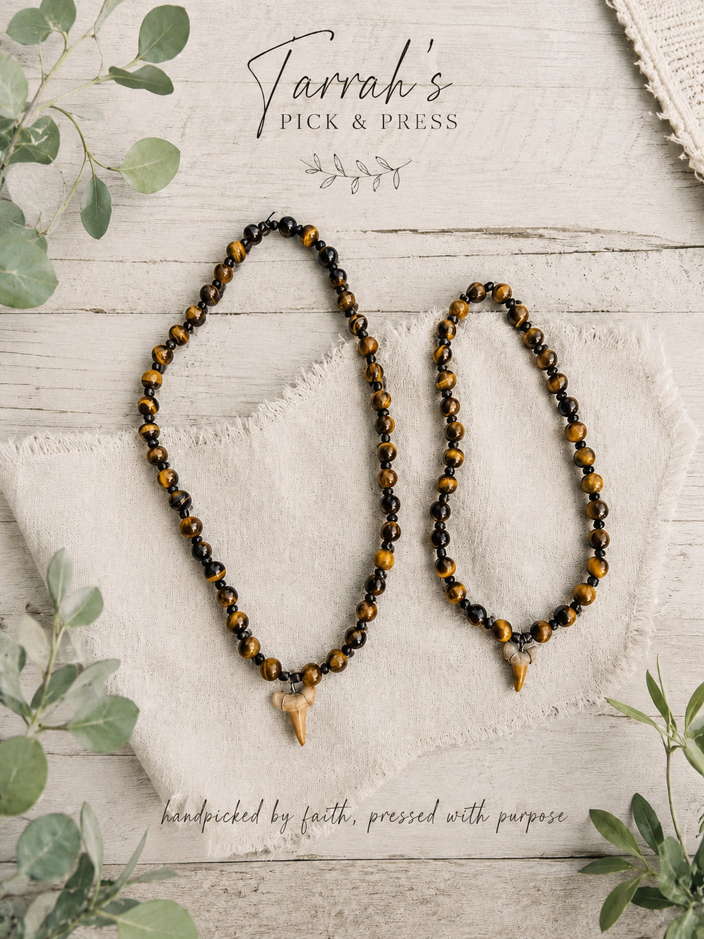 Father & Son Tiger’s Eye Shark Tooth Necklace Set